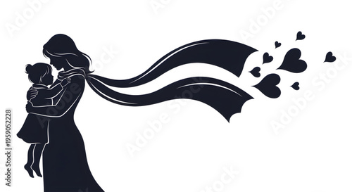 Silhouette of mother holding child with flowing scarf turning into hearts abstract love concept