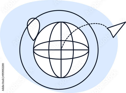 A minimalist vector illustration featuring a globe icon with a location pin and a flight path line