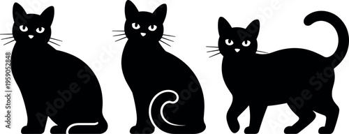 Black cat silhouette set with different poses in minimalist vector illustration style