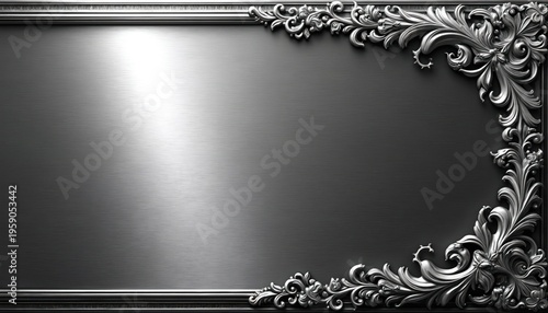 Polished metallic surface with ornate silver decorative border. Elegant vintage frame design for luxury certificates or awards. Sophisticated background template.