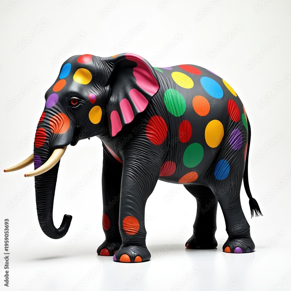 Fototapeta premium An Asian elephant statue covered in colorful polka dots is presented against a white background. This whimsical art piece features vibrant circles on a black elephant.
