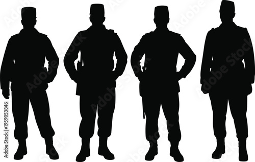 Set of Four Professional Soldier Silhouettes in Uniform Standing Confidently in a Row Isolated on White Background for Digital Design