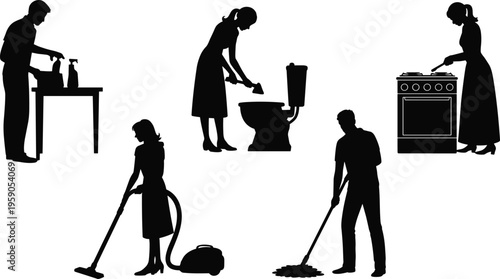 Vector Silhouettes of Men and Women Performing Various Housekeeping Tasks Including Vacuuming Sweeping Cooking and Cleaning Isolated on White Background