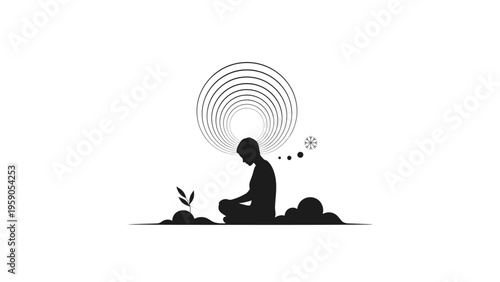 Silhouette of a person meditating in lotus position with a plant and concentric circles on a white background.