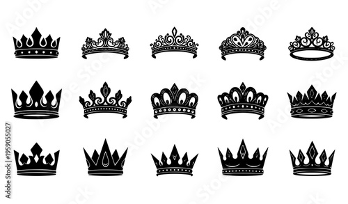 Luxury royal crown silhouettes vector king queen monarchy icon set