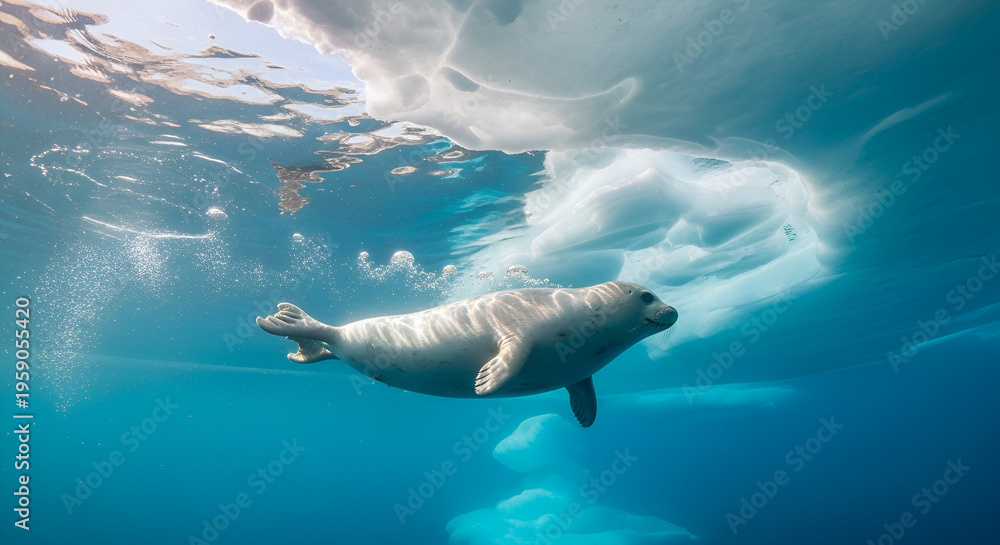 Fototapeta premium White harp seal swimming underwater beneath arctic ice floe