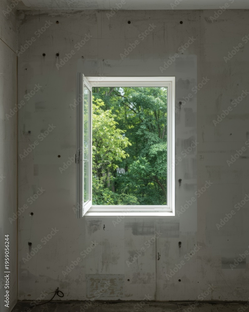 Fototapeta premium A bright view of lush green trees framed through an open window in an unfinished concrete room