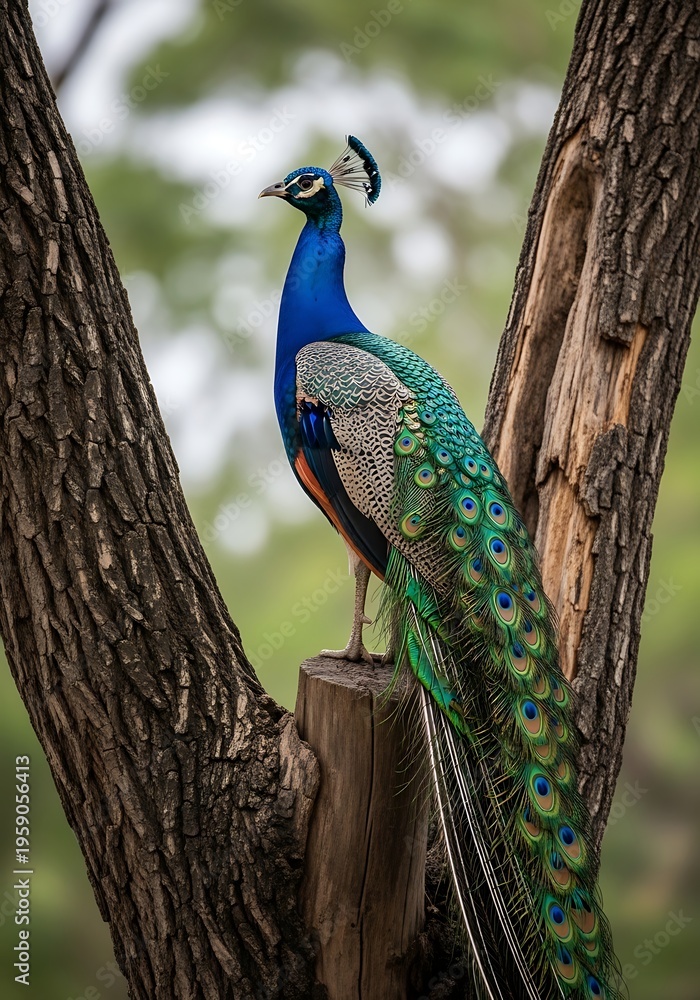 Obraz premium A vibrant peacock perched on a tree stump in a lush green forest