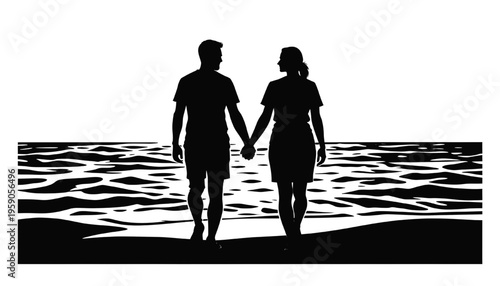 romantic couple silhouette walking hand in hand along beach with ocean waves isolated on transparent background ideal for love travel summer and lifestyle design