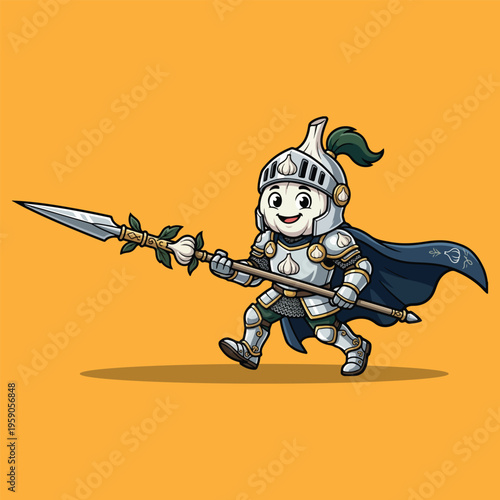 Cartoon Garlic Knight Character Walking with Spear