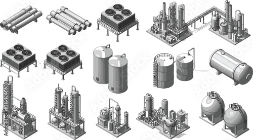 Industrial processing equipment and refinery units isometric collection, including tanks, pipelines and cooling systems, engineering and manufacturing technology illustration for factory