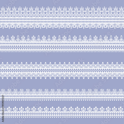 Vintage lace borders. Seamless lace borders for wedding decoration. Figured retro lace pattern elements vector illustration set. Lacy pattern repeat, scroll decorate gorgeous to wedding decoration