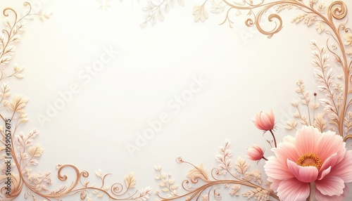 Delicate floral border with soft pink flowers and ornate golden swirls on a pale cream background. Elegant botanical design for invitations cards or wedding decor. Beautiful feminine ornamental frame.