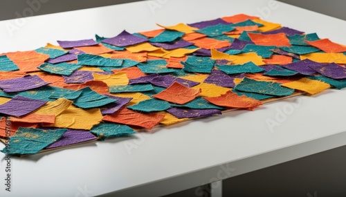 Colorful Composition on Table: An artistic display of vibrant, irregularly shaped pieces arranged on a clean, modern surface, creating a dynamic interplay of color and form.