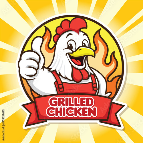 Grilled Chicken Mascot Logo Thumbs Up Cute Cartoon BBQ Food Branding Vector