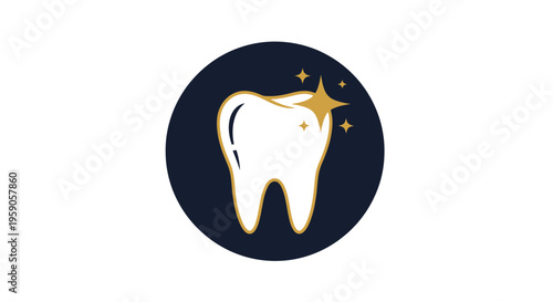 Sparkling Dental Illustration: A Clean Tooth Icon on a Navy Blue Circular Background