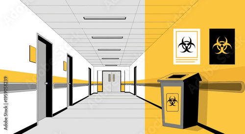 Sterile Hallway With Biohazard Symbols In A Medical Facility or Research Center