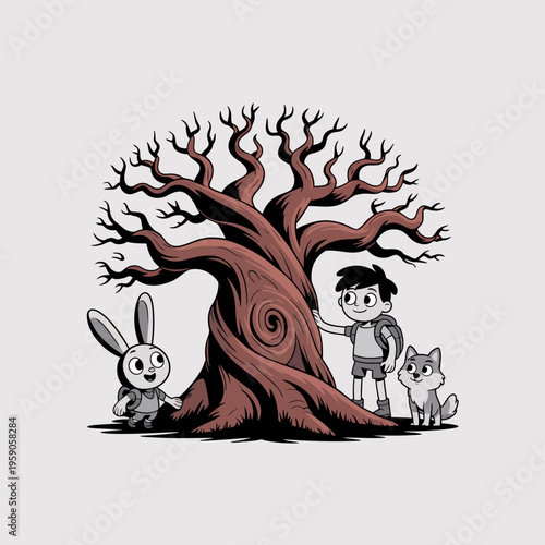 Boy Standing Next to Dead Tree with Bunny and Cat