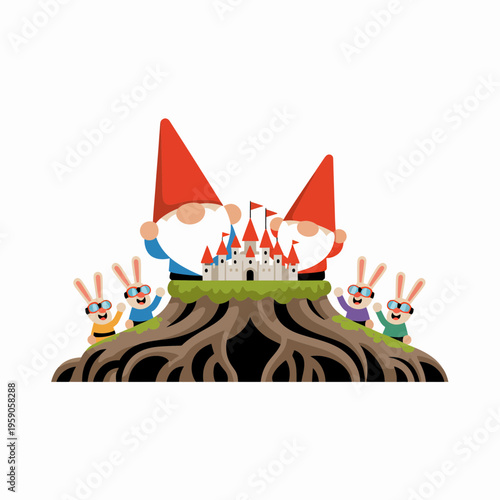 Gnomes Building Castle on Tree Root with Rabbits