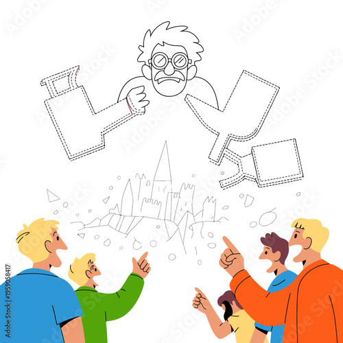 Cartoon Man Floating Above Cityscape Pointed by People