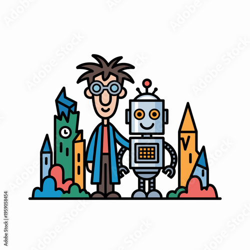 Smiling Scientist with Robot Standing in Front of Colorful Cityscape