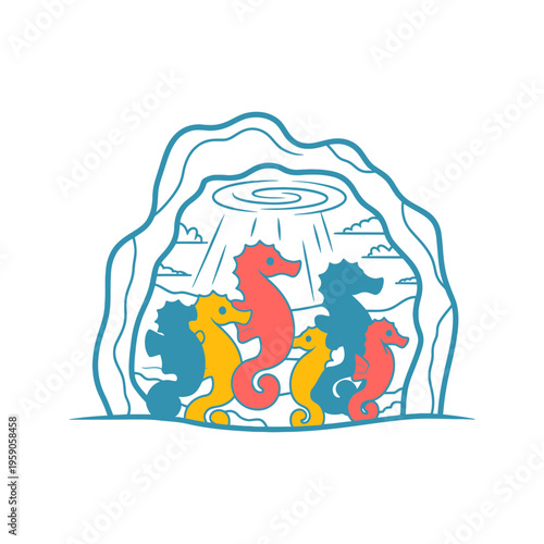 Colorful Seahorses Swimming Inside Cave with Sunlight