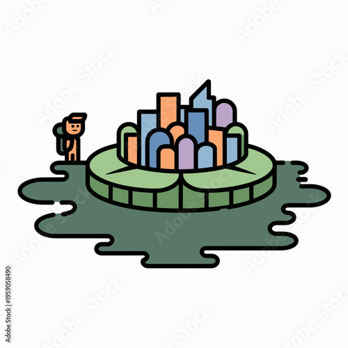 Man standing on coin with cityscape on top, isolated on white