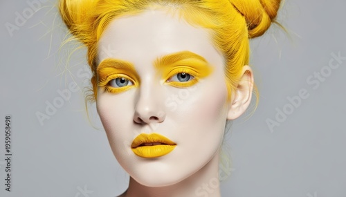 Yellow Enchantment: A captivating portrait of a woman adorned with striking yellow makeup, her gaze a beacon of allure, enhanced by a backdrop of soft hues.