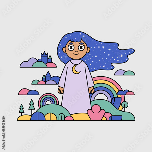Smiling Girl with Blue Hair and Purple Dress Standing on Colorful Hills with Rainbow