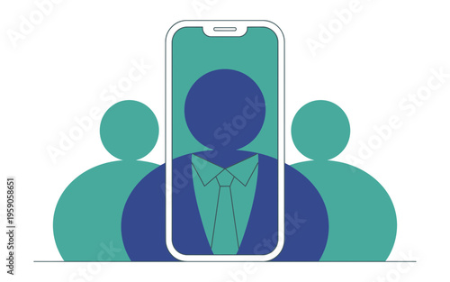 Blue Businessman on Smartphone Screen with Green People