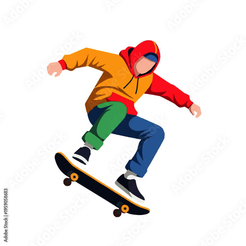 Illustration of a young person in a hoodie performing a trick on a skateboard