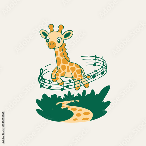 Cartoon Giraffe Dancing on Music Notes