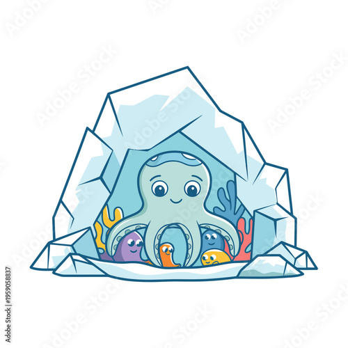 Octopus Hiding in Iceberg Underwater with Fish Coral Reef