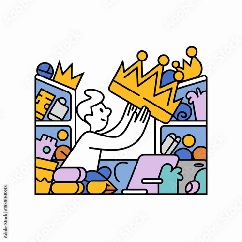 Man Holding Crown Among Colorful Cluttered Workspace