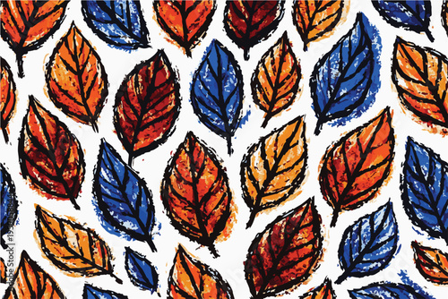 A creative vector background pattern with many leaves in blue, brown, and orange tones, designed in an abstract art style with a balanced and visually engaging composition.
