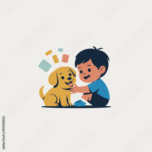 Boy Petting Golden Dog in Flat Design