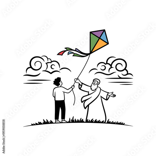 Man and Boy Flying Colorful Kite in Sky with Clouds