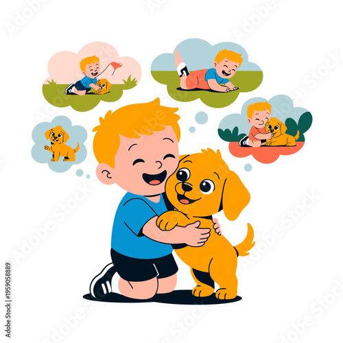 Happy Boy Hugging Yellow Dog with Thought Bubbles