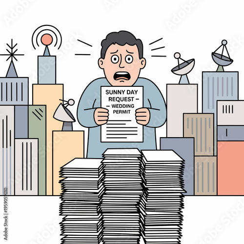 Shocked Man Holding Eviction Notice in Front of City Skyline