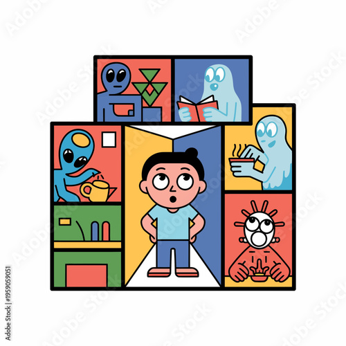 Surprised Boy Surrounded by Aliens in Colorful Comic Panels