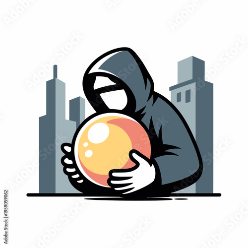 Hooded Man Holding Large Yellow and Red Orb in City
