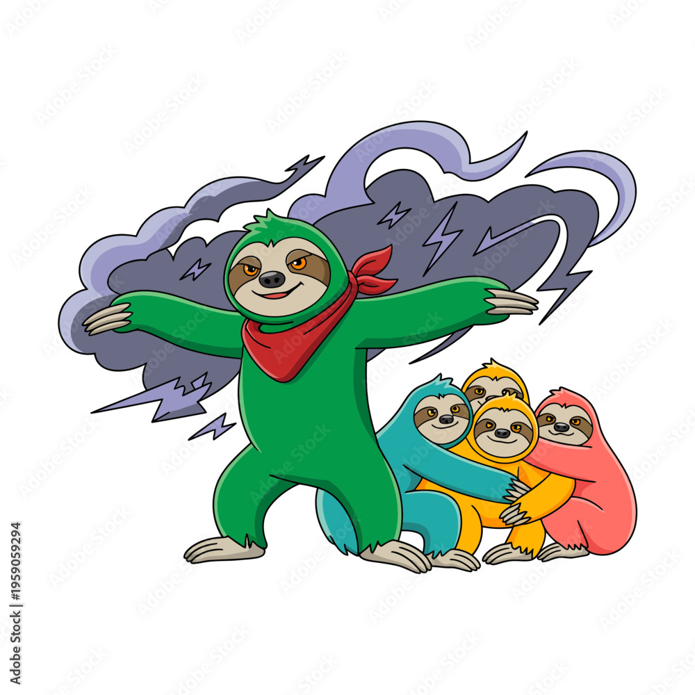 Fototapeta premium Green Sloth Protecting Friends from Storm