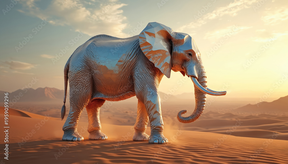 Fototapeta premium Surreal crystal elephant stands in desert landscape at sunset. Textured metallic animal reflects warm light. Dry sand dunes stretch to horizon under hazy sky.