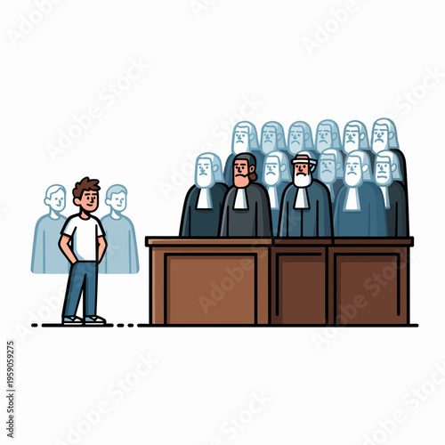 Man standing before judge bench with jurors in courtroom