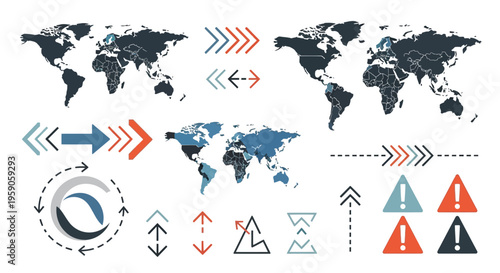 A graphic illustration of a geopolitical tension map with world maps and various symbols, arrows, and icons depicting global conflict zones and strategic rivalry in a vector design.