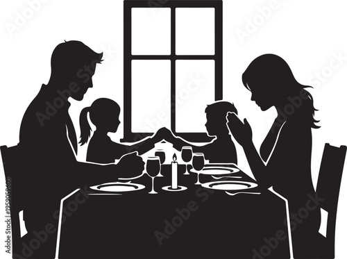 Family dinner in silhouette by the window, Generative Ai