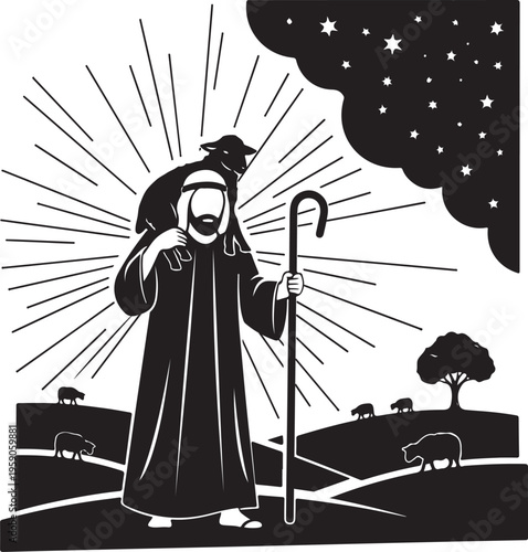 Silhouette of a biblical shepherd under a starry night sky, Generative Ai