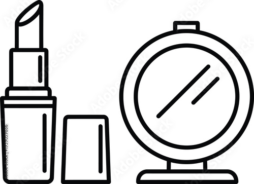 Makeup Mirror and Lipstick Cosmetic Icon Beauty Fashion Accessory Vector Line Illustration
