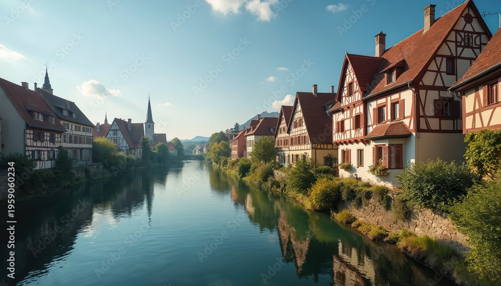 Naklejka premium Half-timbered houses line a tranquil river flowing through a historic European town. Rich green trees and a church steeple dot the picturesque waterside scene under a clear blue sky.
