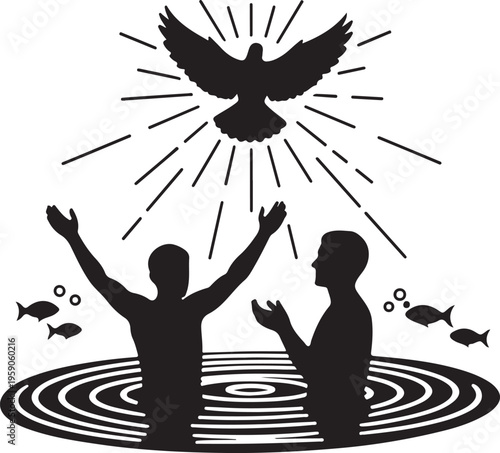 Silhouette of dove descending upon two figures in water silhouette, Generative Ai